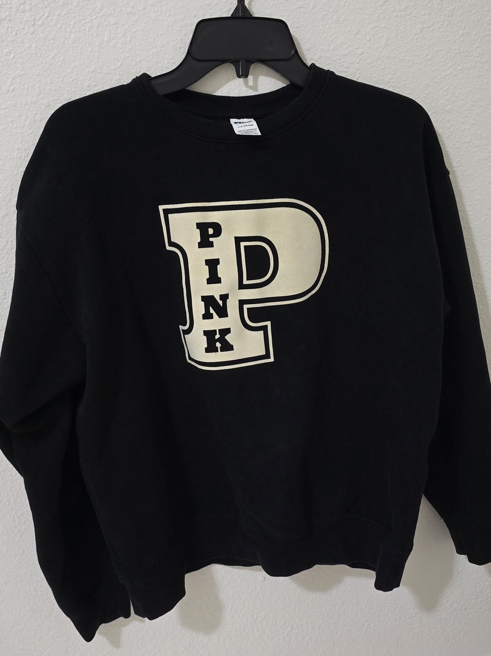 PINK Victoria's Secret Oversized Black Crewneck Sweatshirt with Cream Lettering